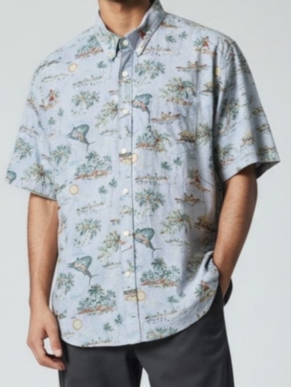 J. Crew Lightweight Light Blue Chambray Shirt with Multicolor Tropical Print M